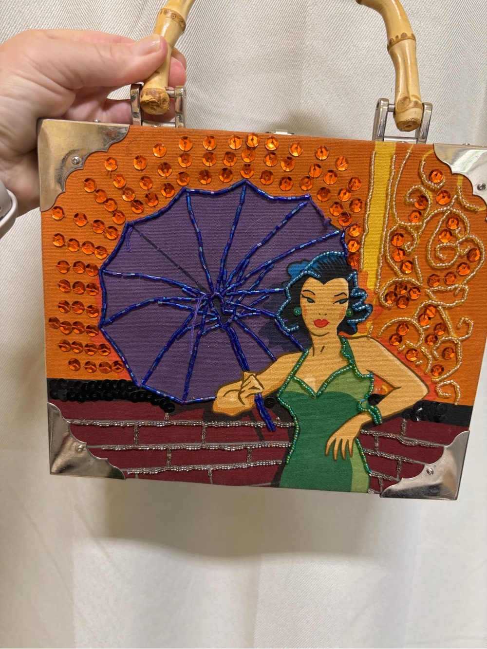Hand-Painted Box Bag with Purple Parasol and Bamboo Handles